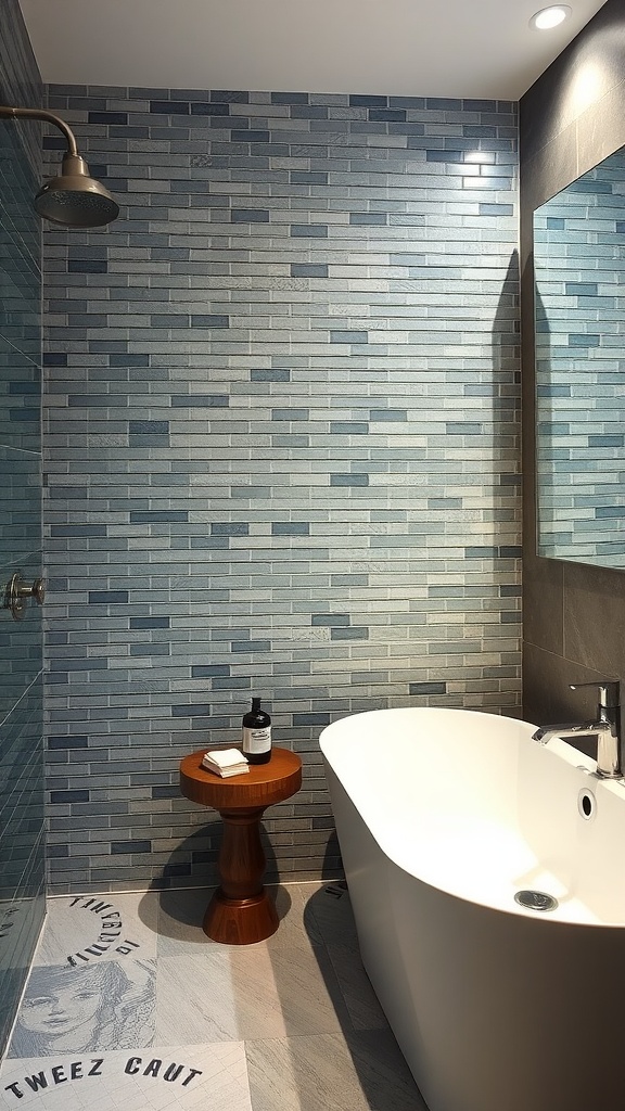 A modern gray mosaic bathroom featuring a freestanding bathtub and a wooden stool.