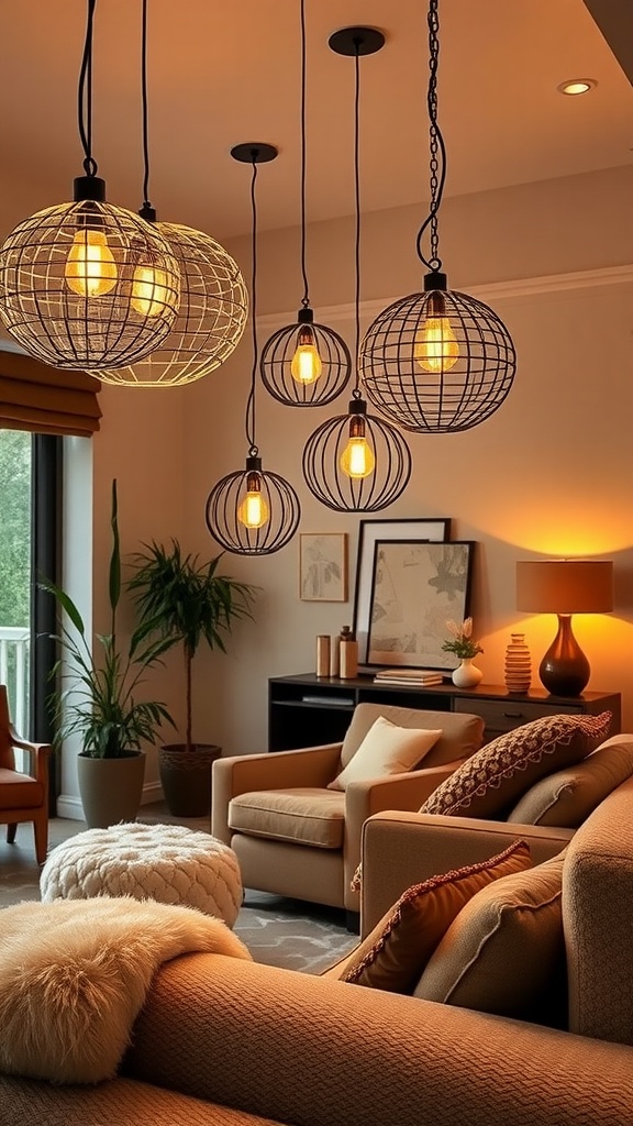 A cozy living room featuring artistic pendant light fixtures, warm colors, and comfortable seating.