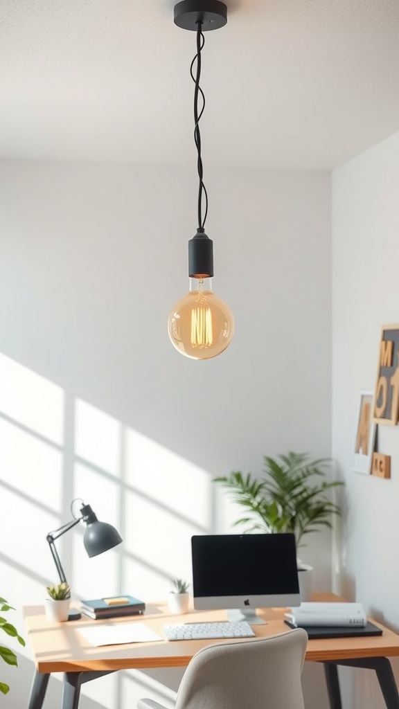 A stylish pendant light illuminating a feminine small home office with a modern desk and plants.