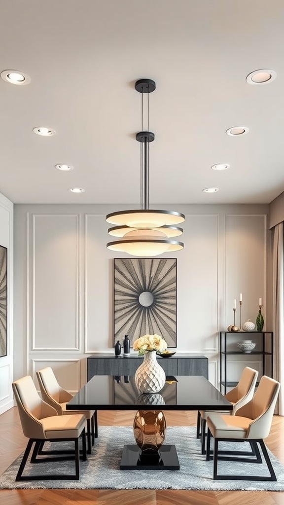 A modern dining room featuring artistic lighting with a stylish pendant light and recessed ceiling lights.