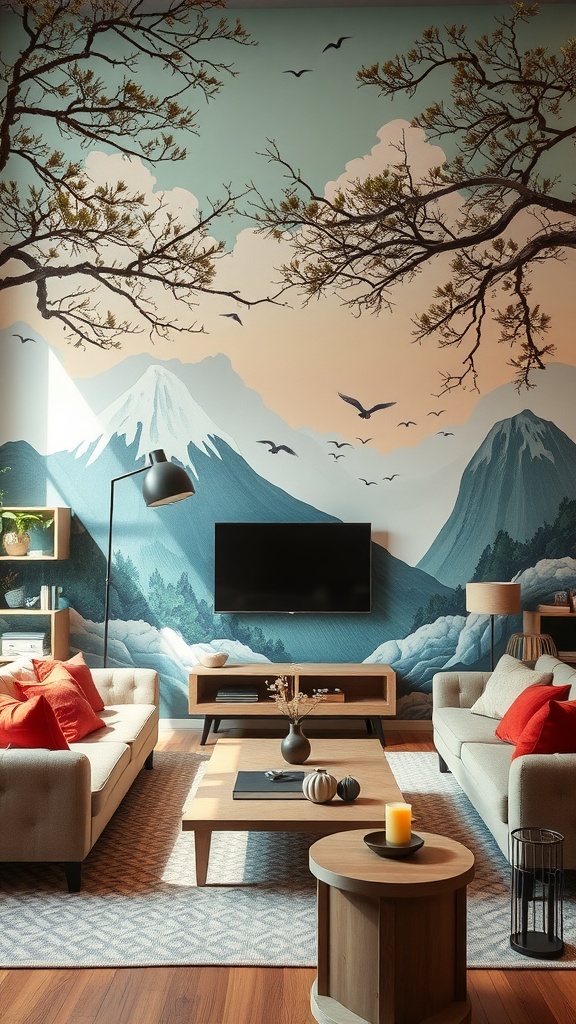 A living room featuring a mural of mountains and trees, with cozy furniture and a warm color palette