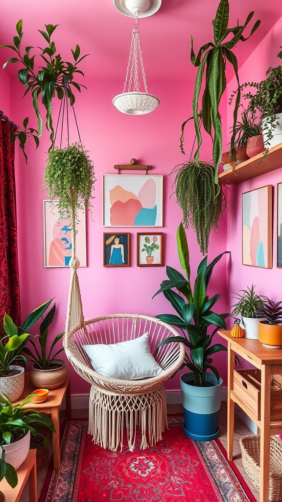 A cozy boho style studio with pink walls, potted plants, and dreamcatchers, featuring comfortable seating and a warm atmosphere.