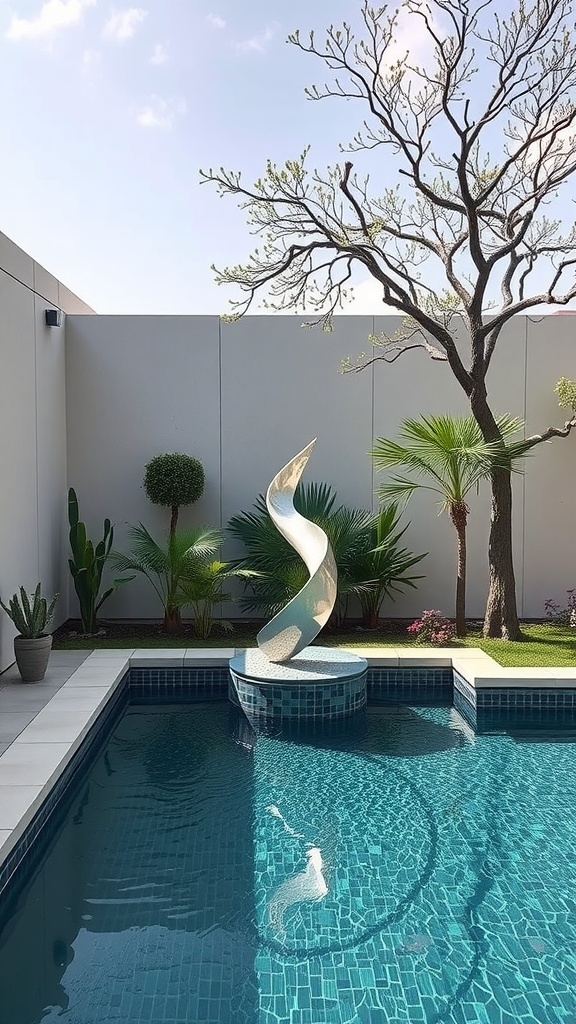A small pool featuring a modern artistic sculpture surrounded by greenery.