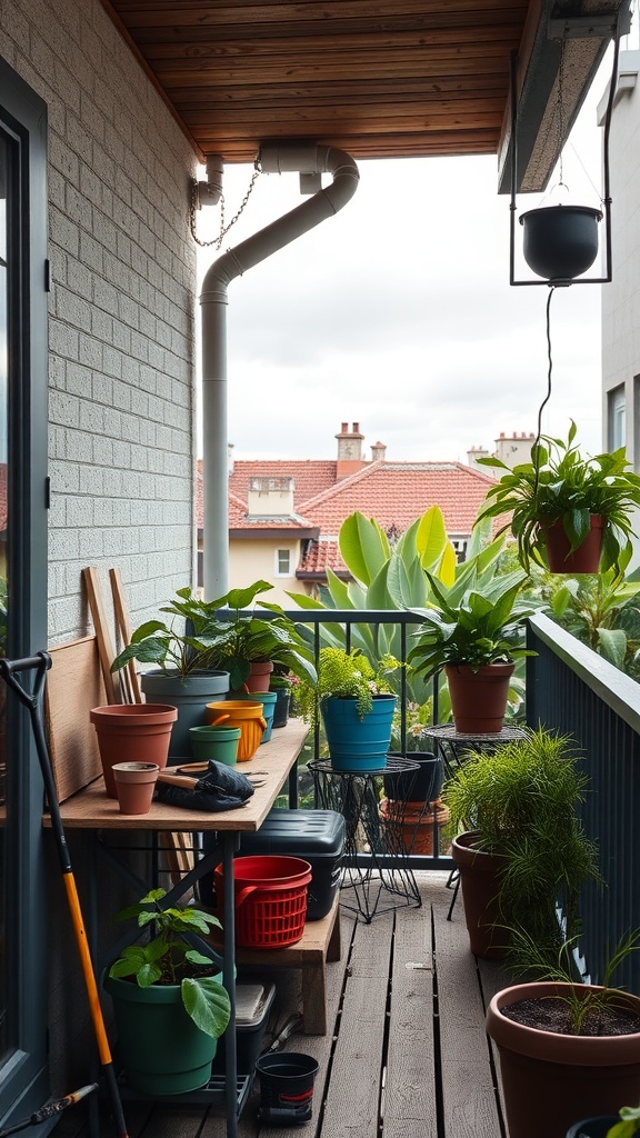 A small balcony featuring a potting station with various colorful plant pots and gardening tools.