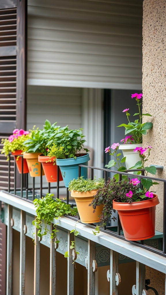 Colorful rail planters filled with various plants on a balcony railing