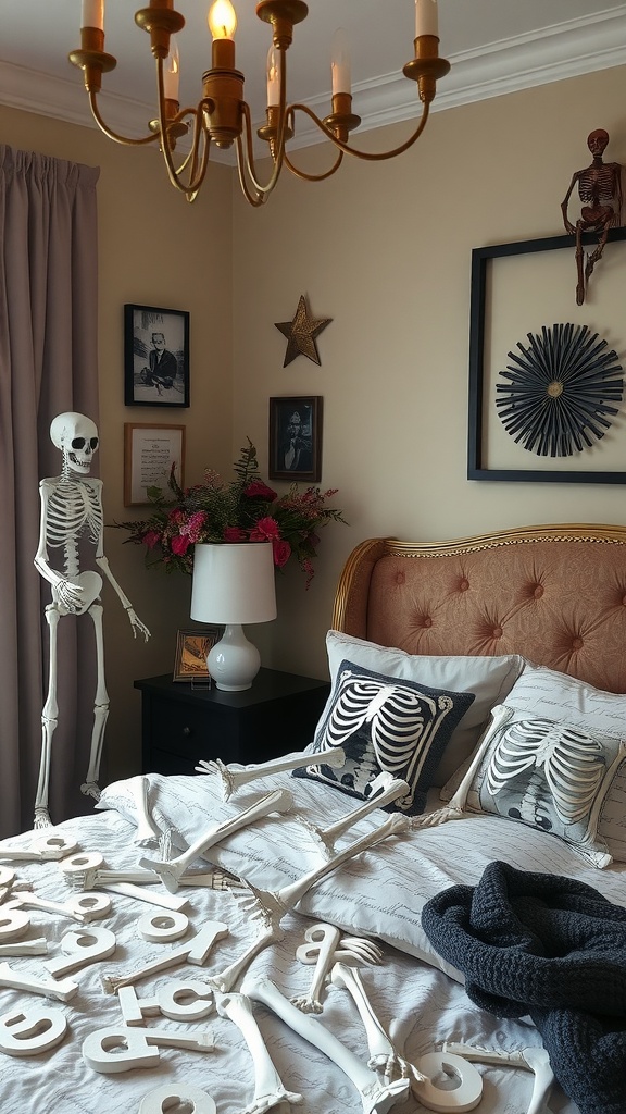 A whimsical goth bedroom featuring skeleton decor, with a life-sized skeleton next to a bed adorned with skeleton-patterned pillows and scattered skeletal pieces.