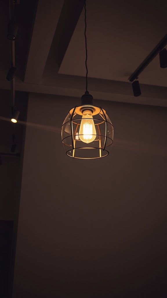 A stylish pendant light with a wireframe design hanging from the ceiling, illuminating the space softly.