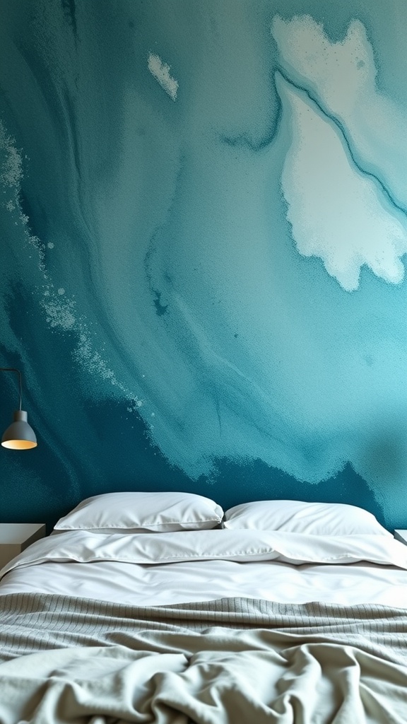 A teal and grey wall mural in a cozy bedroom with white bedding