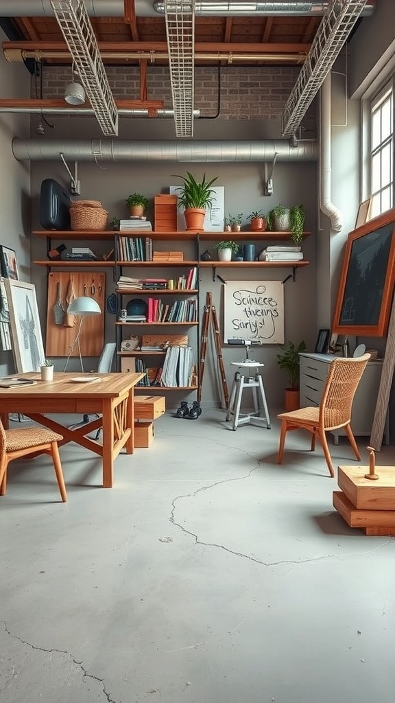 A creative and organized workspace featuring wooden furniture, open shelving with plants, and a cozy atmosphere.