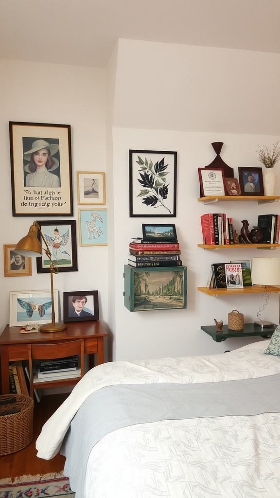 A cozy bedroom featuring framed art, bookshelves, and personal decor elements.