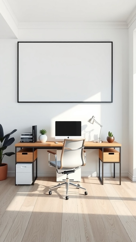 A minimalist home office setup with a large blank canvas on the wall and a clean desk space.