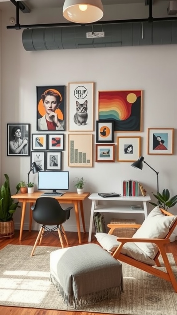A stylish home office with a gallery wall of artistic decor, featuring various framed artworks and a cozy chair.