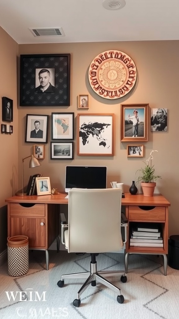 A small office with artistic wall decor, featuring framed pictures of animals, landscapes, and personal elements, along with a desk and plants.