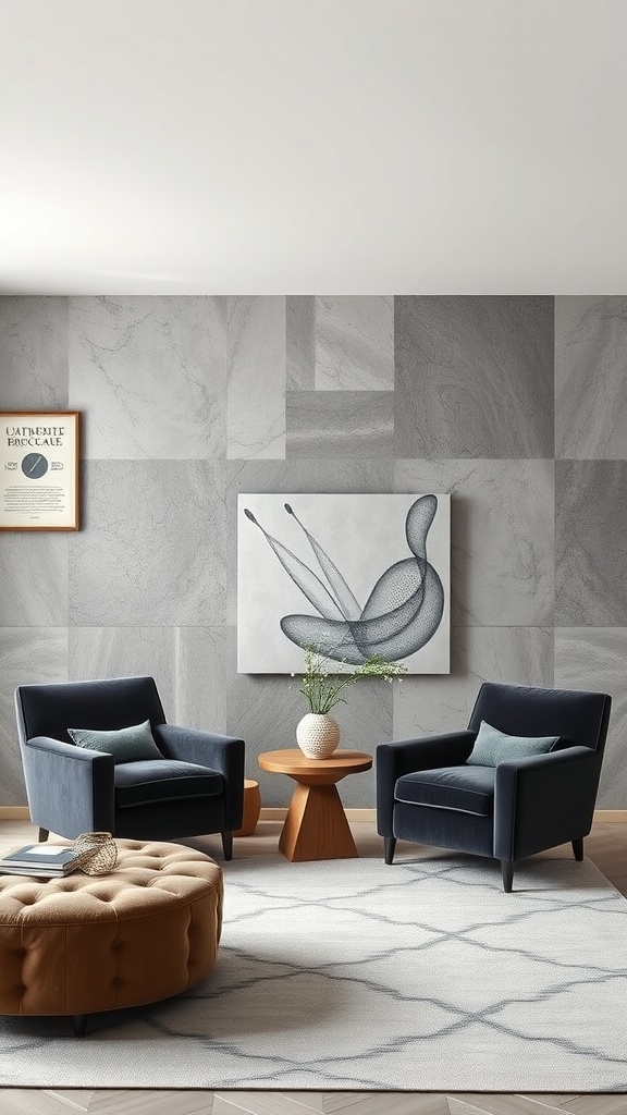 A modern living room featuring a textured concrete wall, plush velvet chairs, and an abstract artwork.