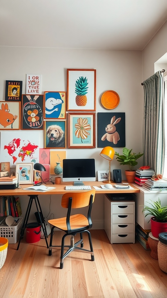 A cozy home office with a wooden desk, colorful wall art, plants, and a comfortable chair.