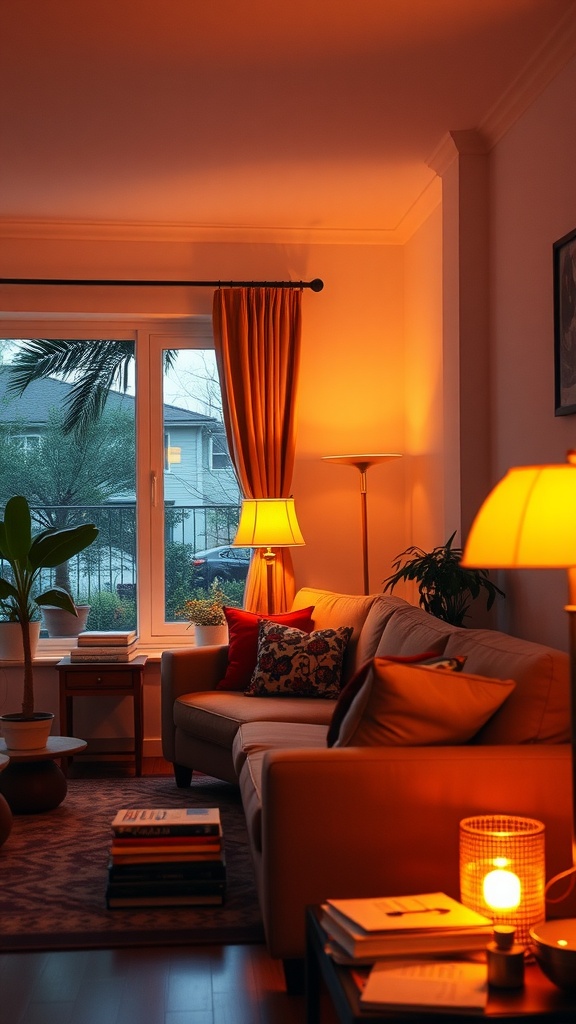 Cozy living room with warm lighting and a comfortable sofa