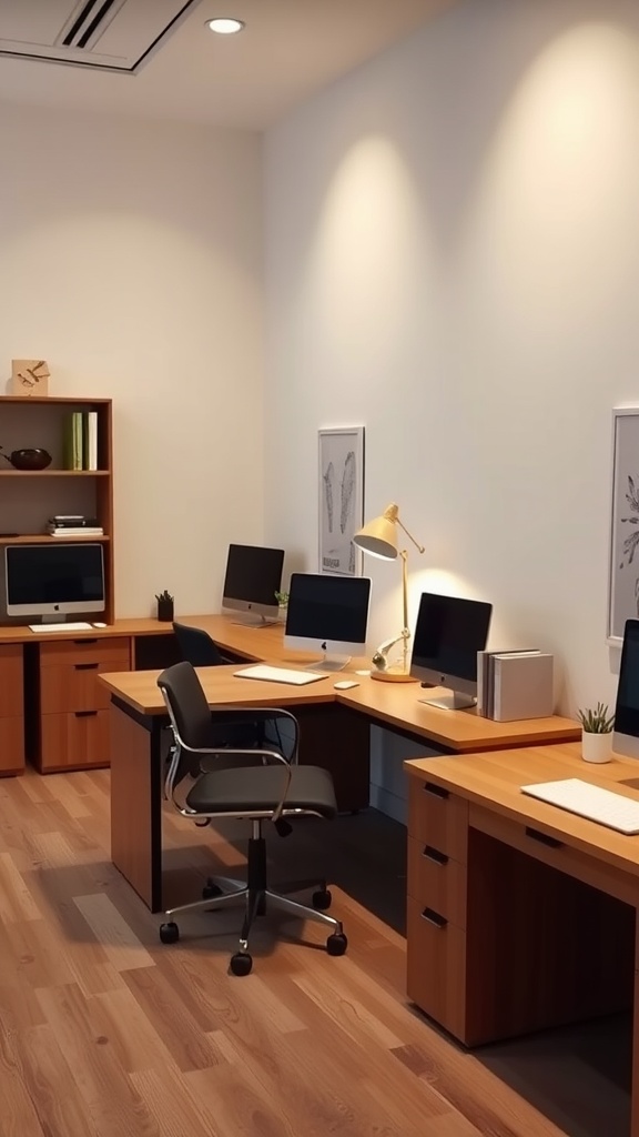 A modern office with multiple corner desks and computers, demonstrating efficient use of space.