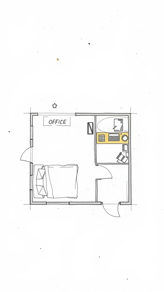 Simple floor plan of a guest bedroom and home office combo