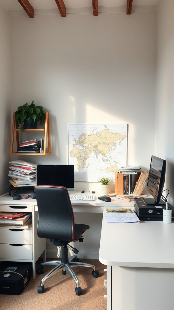 A corner desk setup in a small office, featuring a computer, stacks of papers, and a map on the wall.