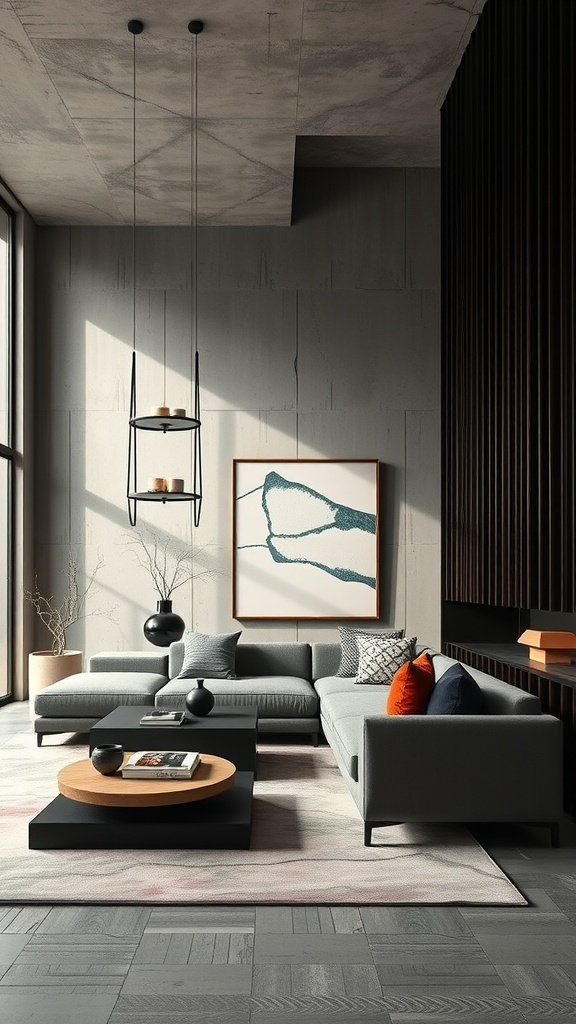 A stylish living room featuring asymmetrical furniture arrangement, contrasting decor, and a large portrait.