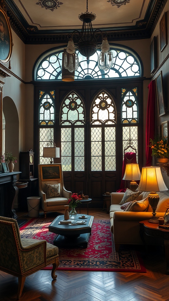 A beautifully designed living room featuring a chandelier, large arched stained glass windows, and cozy lighting.