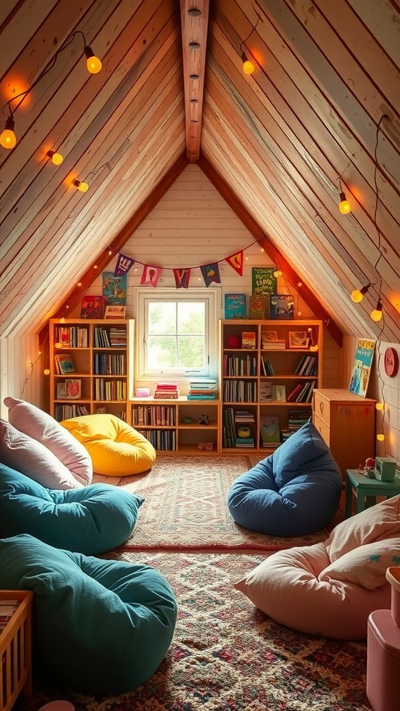 A cozy attic reading nook with colorful bean bags, string lights, and shelves filled with books.