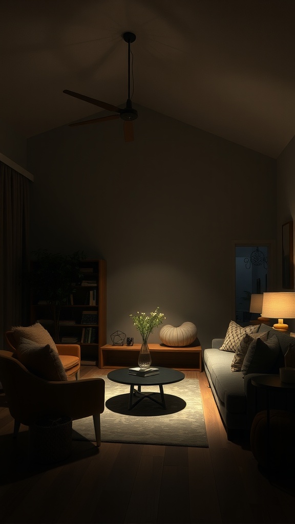 A dimly lit living room with a single light source illuminating a flower vase on a coffee table, showcasing shadows and limited lighting.