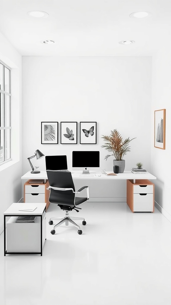 A minimalist home office with a sleek desk, black chair, and potted plants, showcasing a blend of aesthetics and functionality.