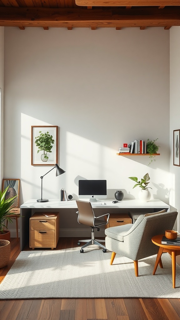A cozy and serene home office with a desk, chair, and plants, showcasing a blend of comfort and functionality.