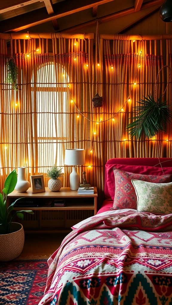 A cozy corner with bamboo wall panels, colorful textiles, and plants, showcasing a Boho bedroom style.