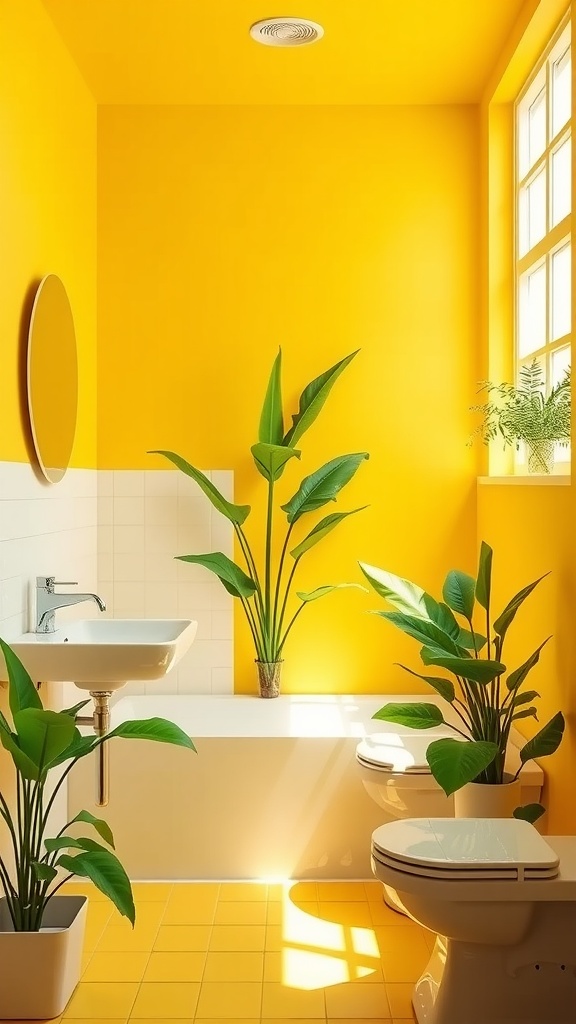 Bright banana yellow bathroom with plants and white fixtures