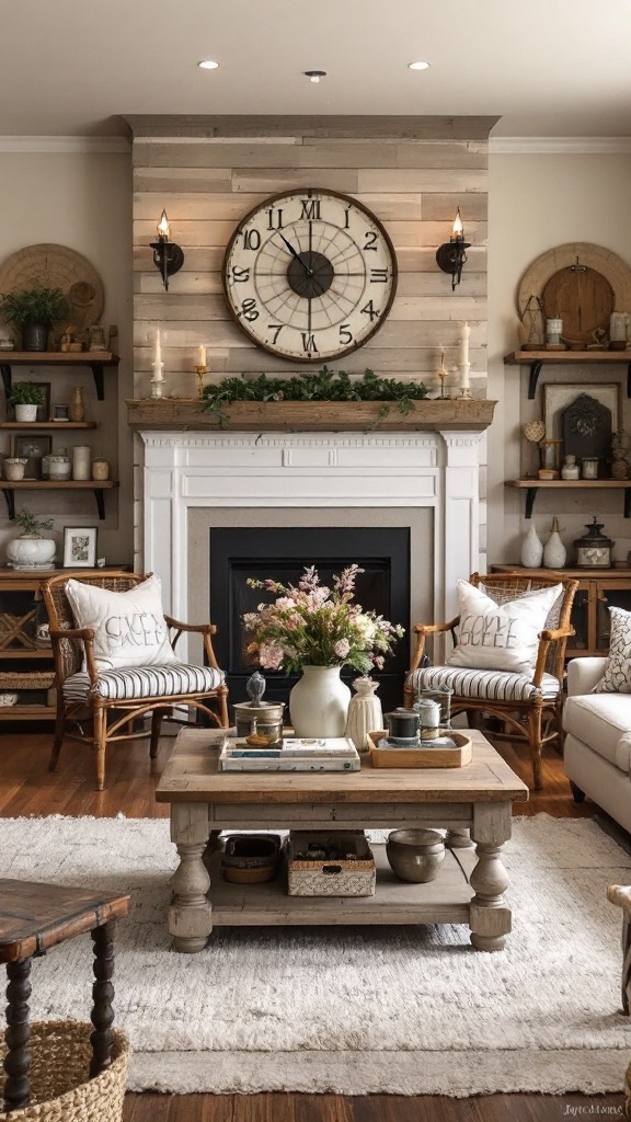 Cozy rustic farmhouse living room with barnwood wall, fireplace, and comfortable seating.