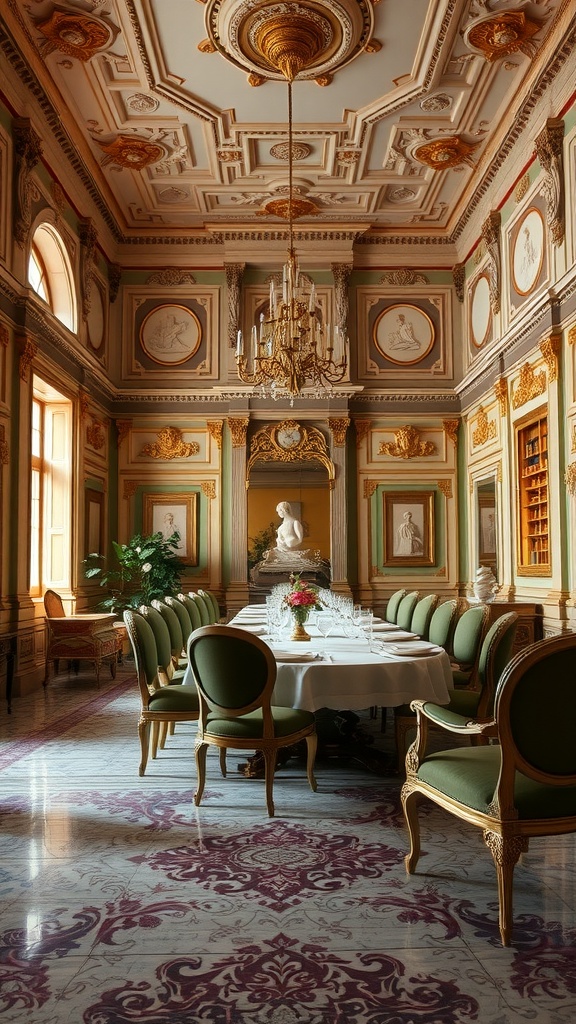 A luxurious Baroque-style dining room in Naples, featuring ornate ceiling designs, elegant green chairs, a grand chandelier, and a beautiful marble floor.