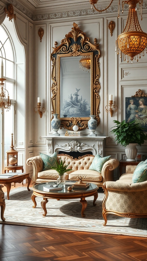 A lavish living room featuring Baroque style accents, including an ornate mirror, elegant chandelier, and plush sofas, all contributing to an opulent old-world aesthetic.