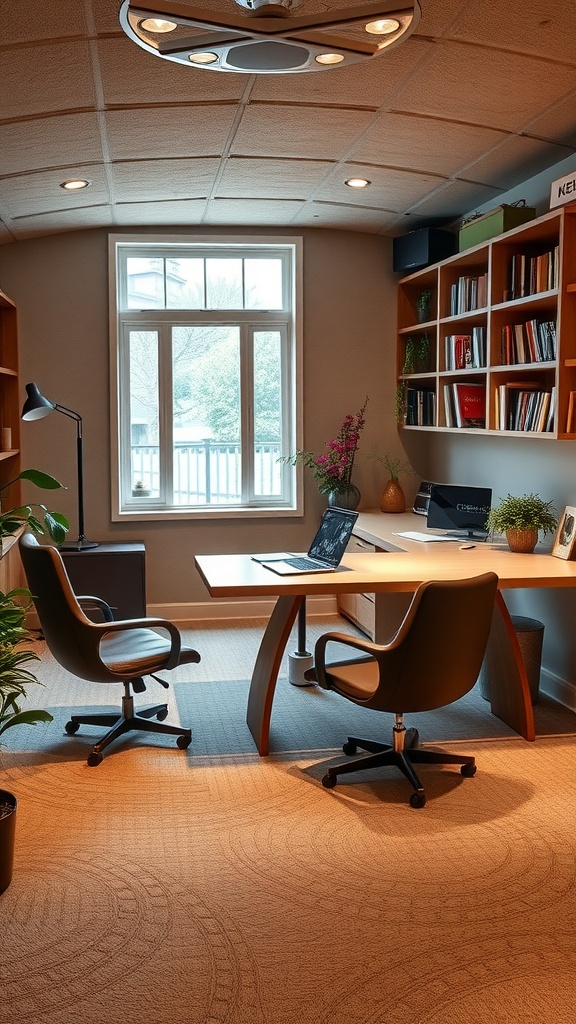 A cozy basement home office featuring a long desk with two ergonomic chairs, natural light, and a well-organized bookshelf.