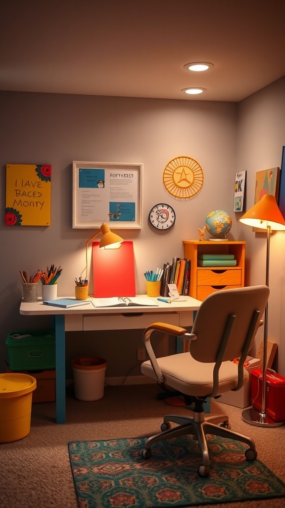 A colorful basement office corner designed for kids, featuring a desk, chair, school supplies, and decorations.