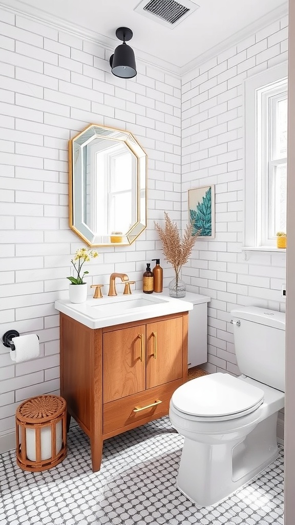 A stylishly remodeled bathroom with white subway tiles, a wooden vanity, and modern lighting.