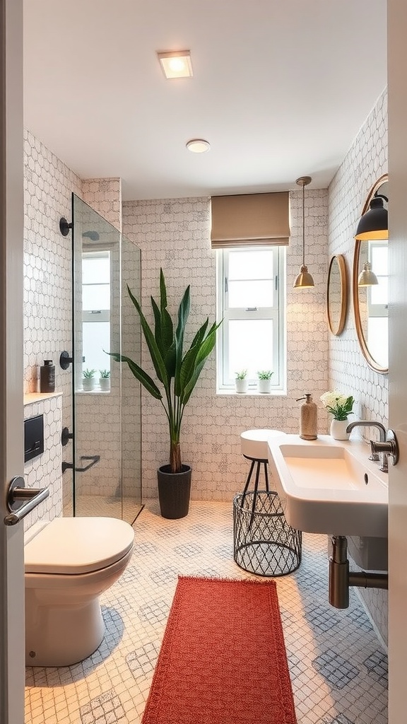 A modern bathroom featuring light tiles, a glass shower, plants, and stylish fixtures.