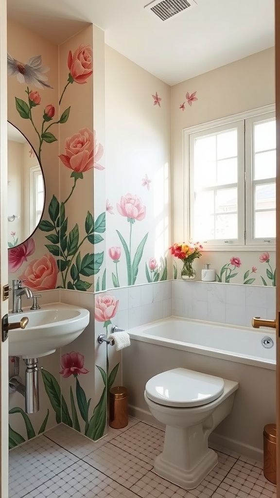 A bright bathroom featuring a painted mural of flowers on the walls, a round mirror, and floral decorations.