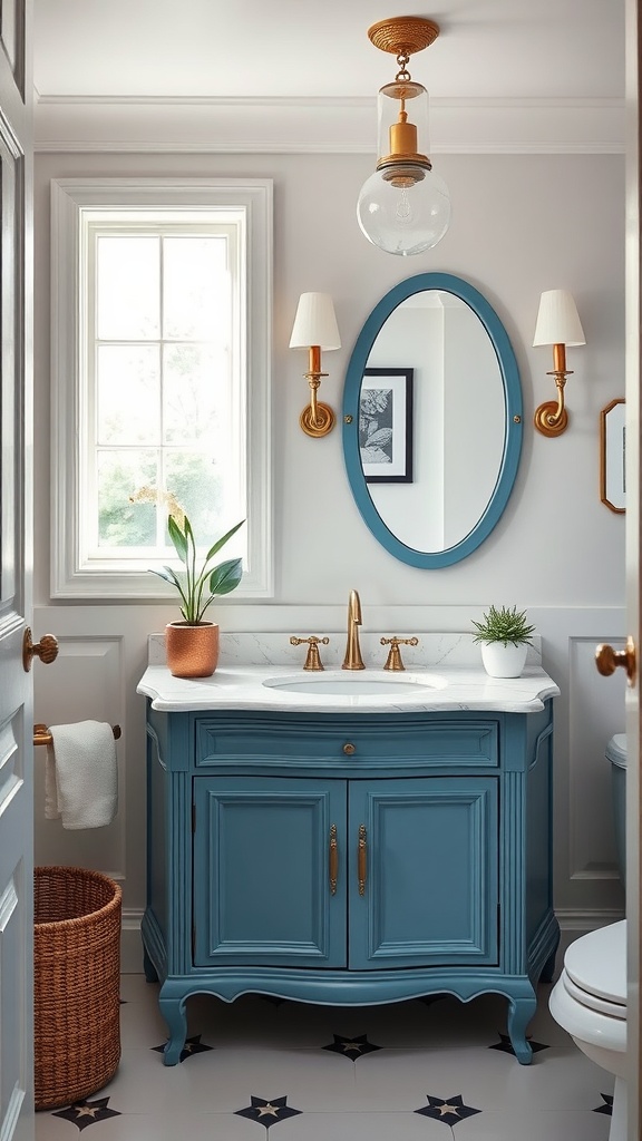 A beautifully designed bathroom featuring a blue-painted vanity, marble countertop, and elegant gold fixtures.