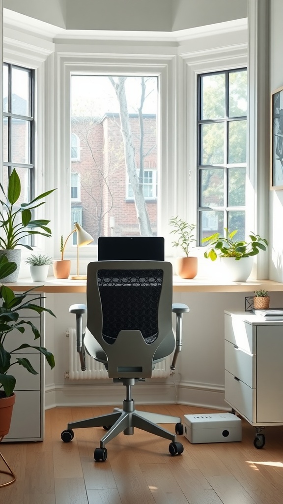 A cozy bay window desk setup with a modern chair, desk, and plants, creating a bright workspace.
