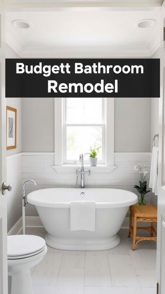 A beautifully remodeled budget bathroom featuring a freestanding tub, gray walls, and natural light.