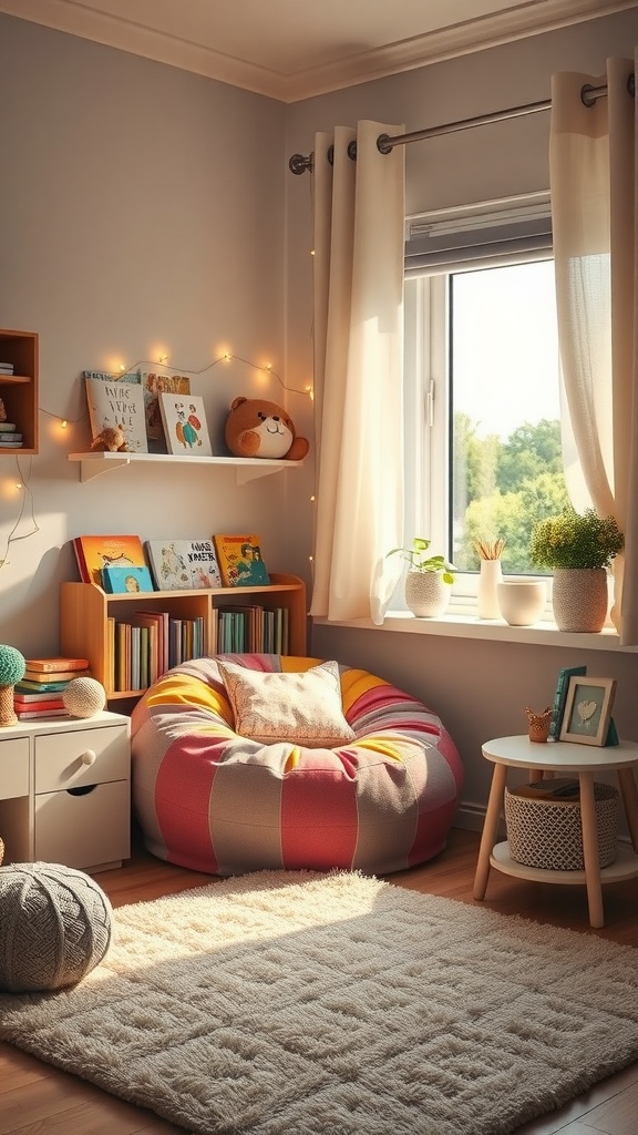 A cozy bedside reading nook featuring a colorful bean bag, bookshelves, and bright natural light.