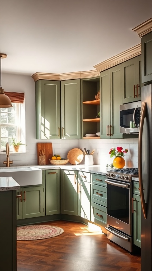 A kitchen featuring Behr Bitter Sage cabinets, showcasing a warm and inviting space.