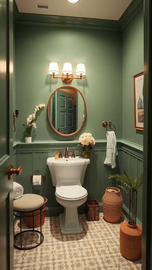 A cozy powder room painted in Behr Nature's Gift, featuring a white toilet, round mirror, and stylish decor.