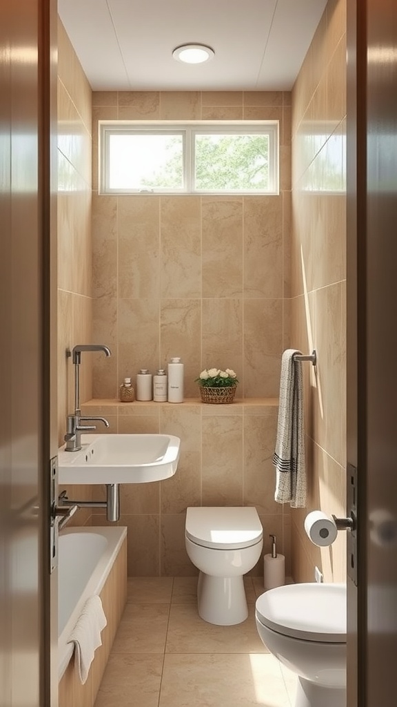 Small bathroom with beige walls and tiles, featuring a sink and toilet
