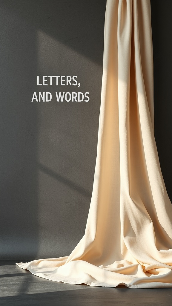 A beige curtain draped against a charcoal gray wall with text that reads 'LETTERS, AND WORDS'.