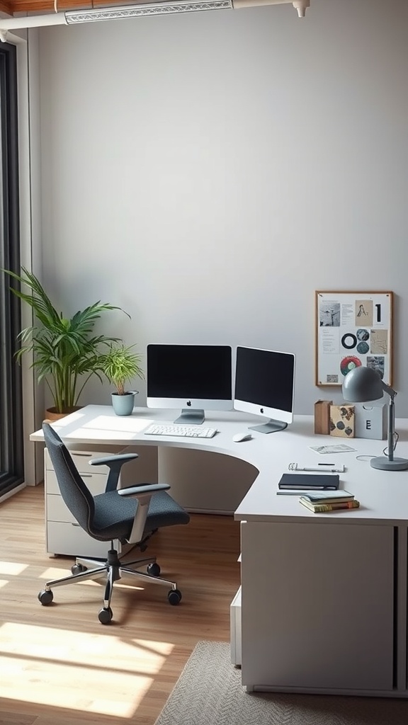 A stylish L-shaped corner desk with a plant, dual monitors, and an ergonomic chair in a well-lit office space.