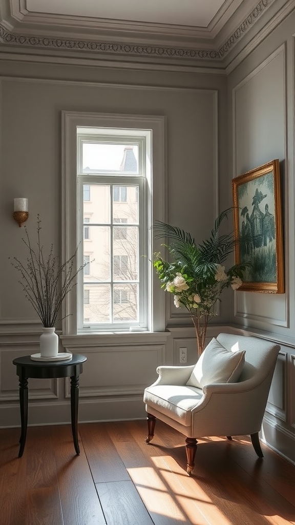 A beautifully decorated room featuring Benjamin Moore Abalone 2108-60 paint on the walls, with a cozy chair and decorative plants.