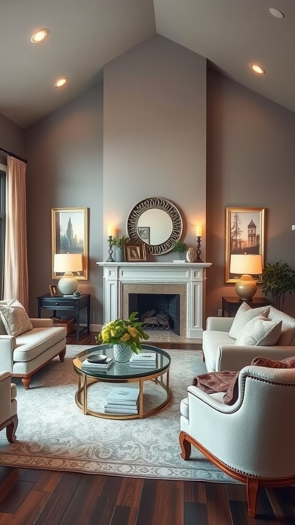 A cozy living room featuring warm gray walls, elegant furniture, and natural light.